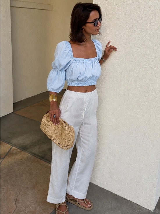 Zara Tops - Zara Light Blue Cotton Linen Blend Puff Sleeve Crop Top XS Cottage Core Boho